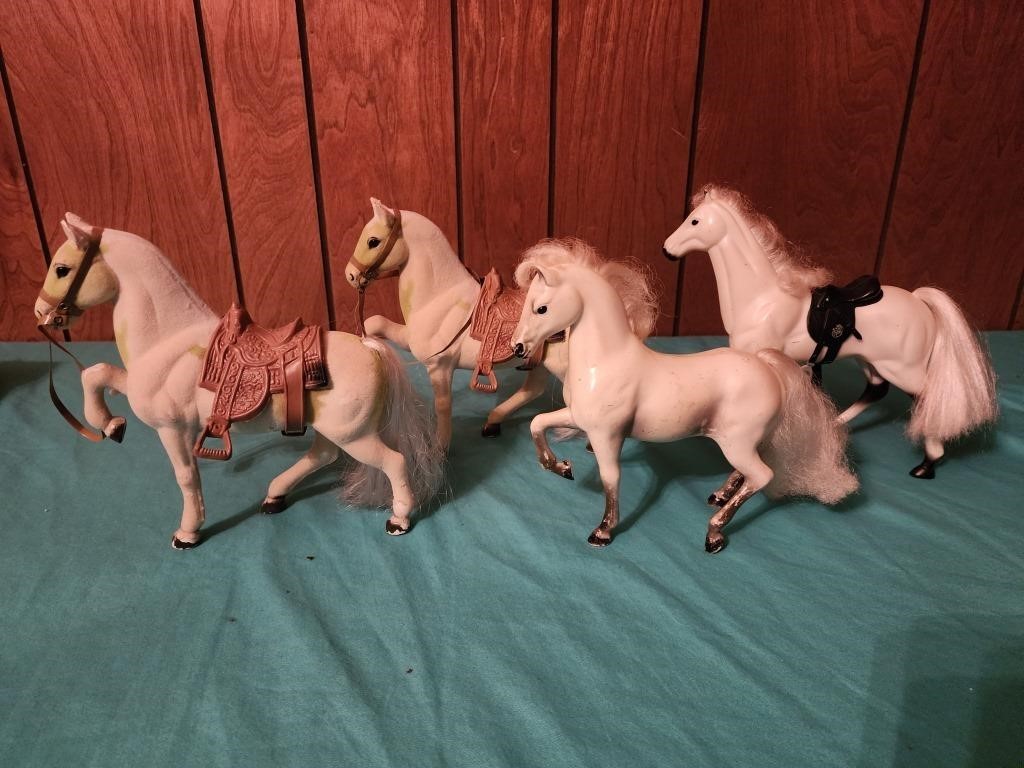 8" toy horses, 2 are felt covered, 4 white horses