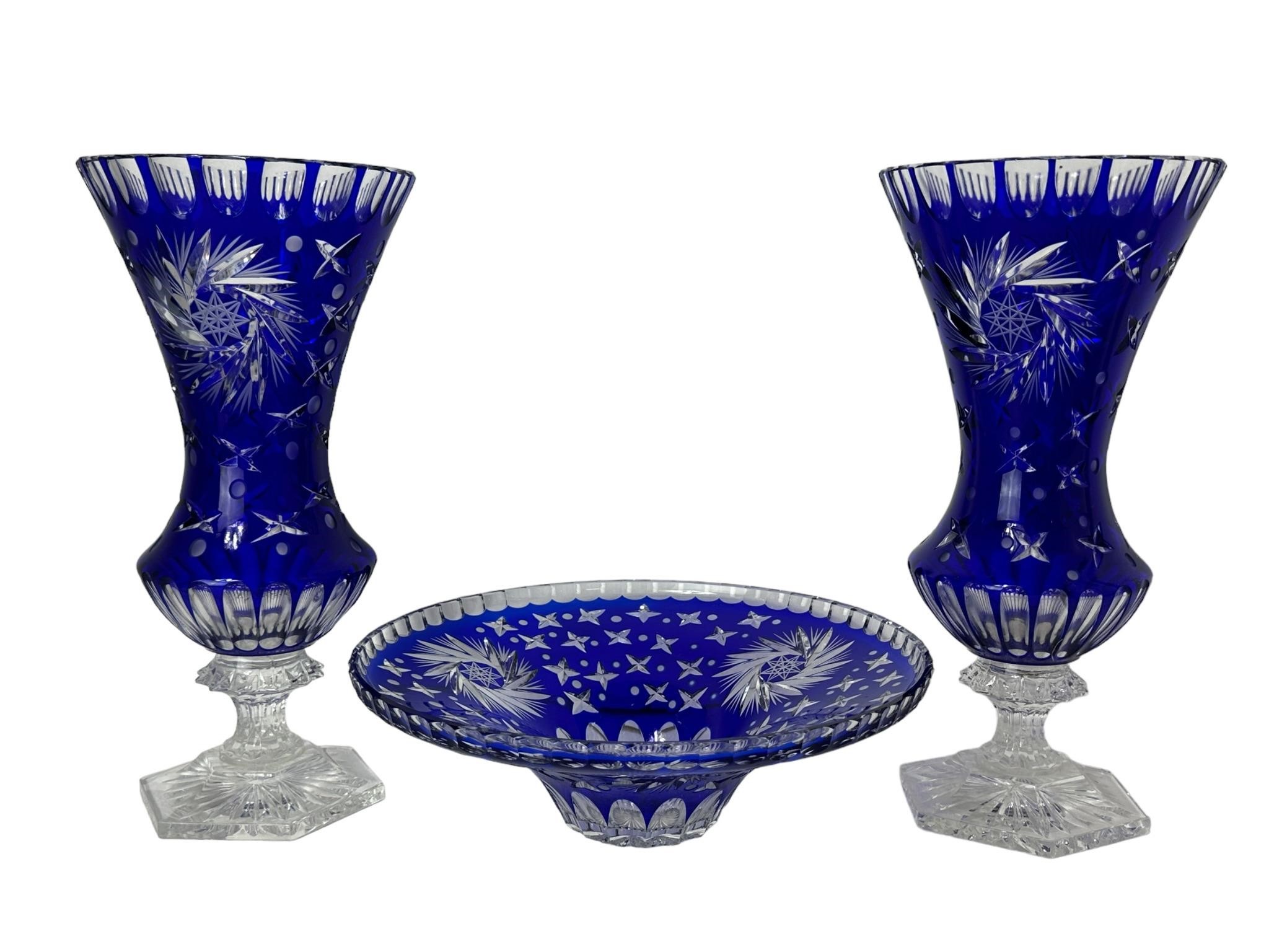 Set of 3 Bohemian Cobalt Blue Cut Glass Pieces