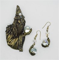 Bronzed Wizard Pin & Earrings