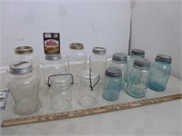 5 Aqua Green Fruit Jars w/ Zinc Lids & 7 Clear