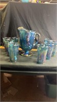 Carnival glass pitcher & 8 glasses