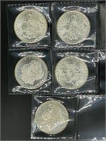 5 - uncirculated 1884-O Morgan silver dollars