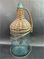 Blue Glass Jug with Woven Wood Handle