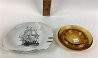 Nautical sailboat ashtray.  Amber glass ashtray