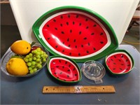 Bowl of Artificial Fruit, Glass Juicer, Watermelon