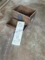 2 WOOD BOXES, THERMOMETER, PINECONES,