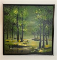 C. Roberts Signed Oil Painting Woods Scene 25”x25”