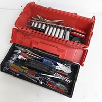 Plastic toolbox full of sockets, screwdrivers