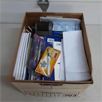 Box of assorted office supplies,  pens,