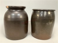 Two Small Brown Stoneware Crocks