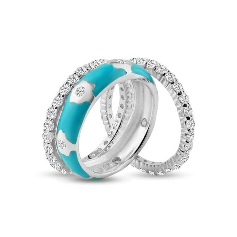 Sterling Silver Blue Enamel Crystal  Ring Set