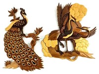 (2) Wood Marquetry Herons & Peacock