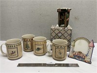 Lot Of Mugs, Enesco Cow & Frame