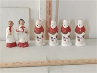 4 vtg chalkware Santas + 2 choir boys