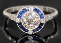 Platinum 1.10 Natural Diamond & Sapphire Deco Ring