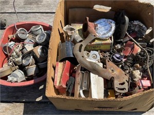 Box of gauges and Miscellaneous car parts