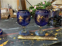 Cobalt Blue w/ grapes hand blown glass goblets