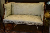 English 19th C petite settee with satinwood frame