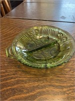 3 matching green glass dishes