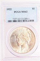 Coin 1922 Peace Silver Dollar PCGS MS62 Certified