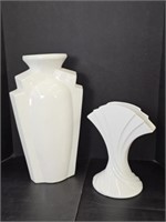 2 WHITE CERAMIC VASES - 12" TO 18" TALL