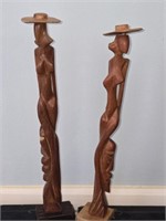 Pair of Tall Slim Wooden Lady Figurines