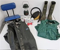 RUBBER BOOTS, LANTERN, BOAT SEAT, JACKEY