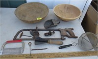 Wooden bowls, meat saw, small scoop, misc.