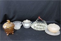 GROUPING: STEAMER BASKET, COVERED CANDY DISHES,