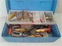 Tackle Box, lures and reels, box broken as shown