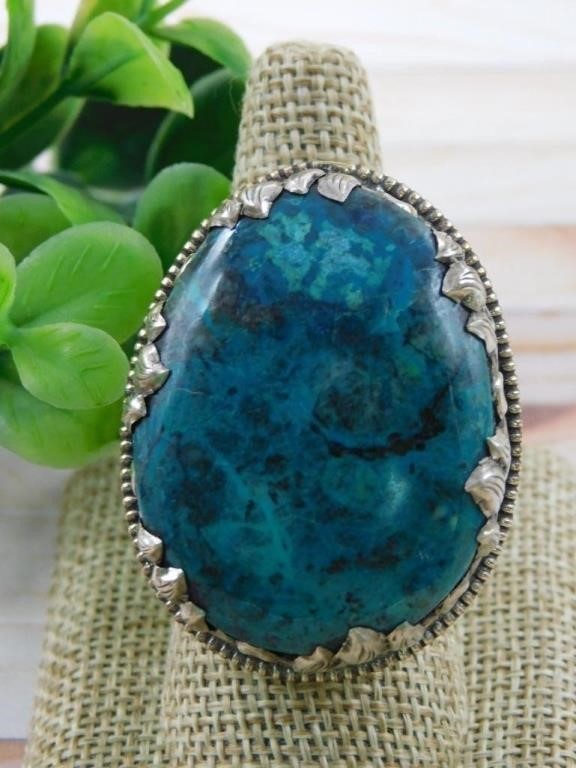 CHRYSOCOLLA RING WITH INTRICATE TOOLING ROCK STONE