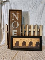Wood & Tin "Noel" Sign,  Picket Fence Shelf