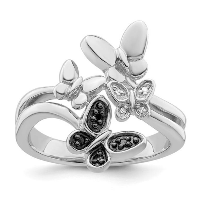 Silver White/Black Diamond Butterfly Ring