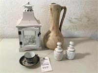 Vase; teacup & saucer; birdcage candleholder;