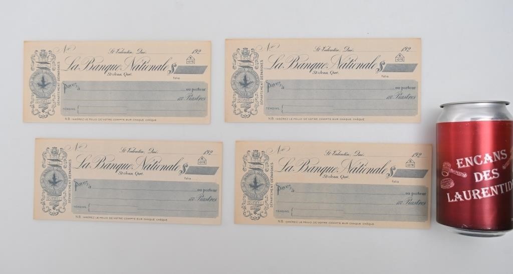 4 chèques antiques de la banque Nationale