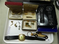 TRAY: TIE CLIPS, CUFF LINKS, WATCHES, ETC.