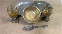 Pewter Plates Brass Bowl & Ornate Goblets Spoon