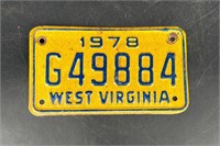 1978 WEST VIRGINIA MOTORCYCLE LICENSE PLATE G49884