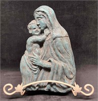 Carved Religious Pottery Sculpture & Stand Virgin