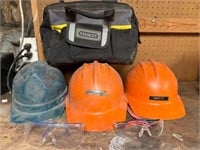 Stanley Tool Bag, 3 Hardhats, 2 Safety Goggles