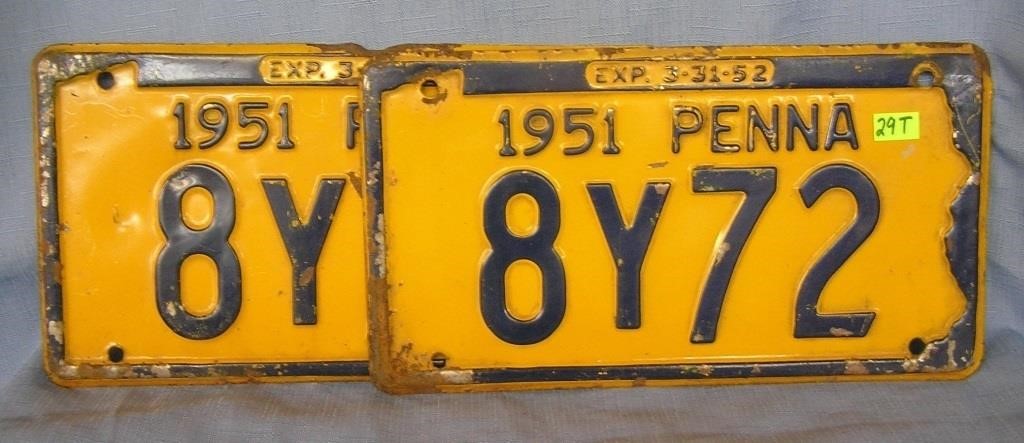 Pair of vintage 1951 Pennsylvania license plates