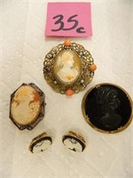 (3) Vintage Cameo Brooches & 1 Pair of Earrings