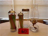 STRAW DISPENSERS & OLD HOBNAIL OIL LAMP