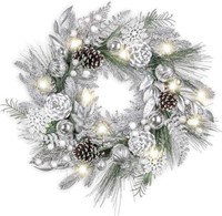 24 Pre-Lit Christmas Wreath with Silver