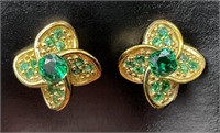 Gold Tone Green Stone Flower Stud Earrings