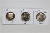 (3) Kennedy Half Dollars 2017 P,D BU and S Proof