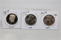 (3) Kennedy Half Dollars 2019 P,D BU and S Proof