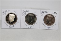 (3) Kennedy Half Dollars 2020 P,D BU and S Proof
