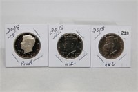 (3) Kennedy Half Dollars 2018 P,D BU and S Proof