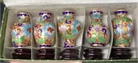 Mini cloisonné vases with wood stands - lot of